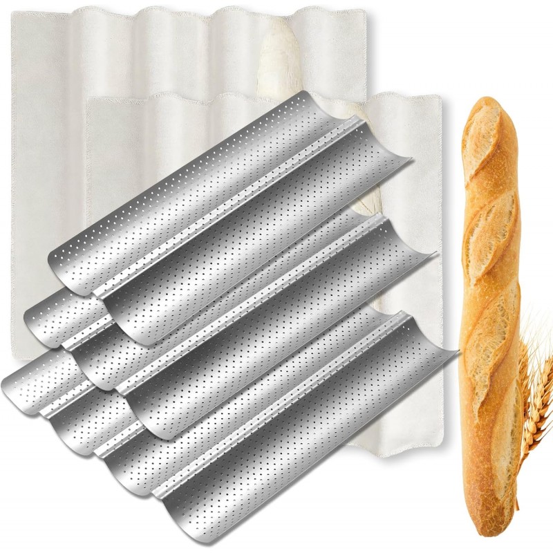 Sliner 5 Pack Nonstick Baguette Bread Pan for French Bread Baking 15 Inch 2&3&4 Loaves Baguette Baking Tray for Sourdough 2 Pcs Proofing Cloth Dough Suitable for Creating Crisp Golden Brown Crust