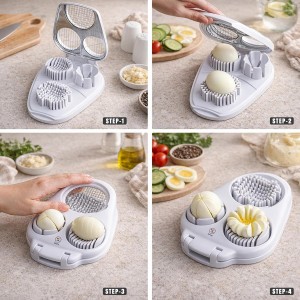 Egg Slicer for Hard Boiled Eggs – 3-in-1 Stainless Steel Egg Cutter & Hard Boiled Egg Slicer, Heavy Duty Egg Chopper with Cleaning Brush for Strawberry, Mushroom, Grape, Cherry Tomato
