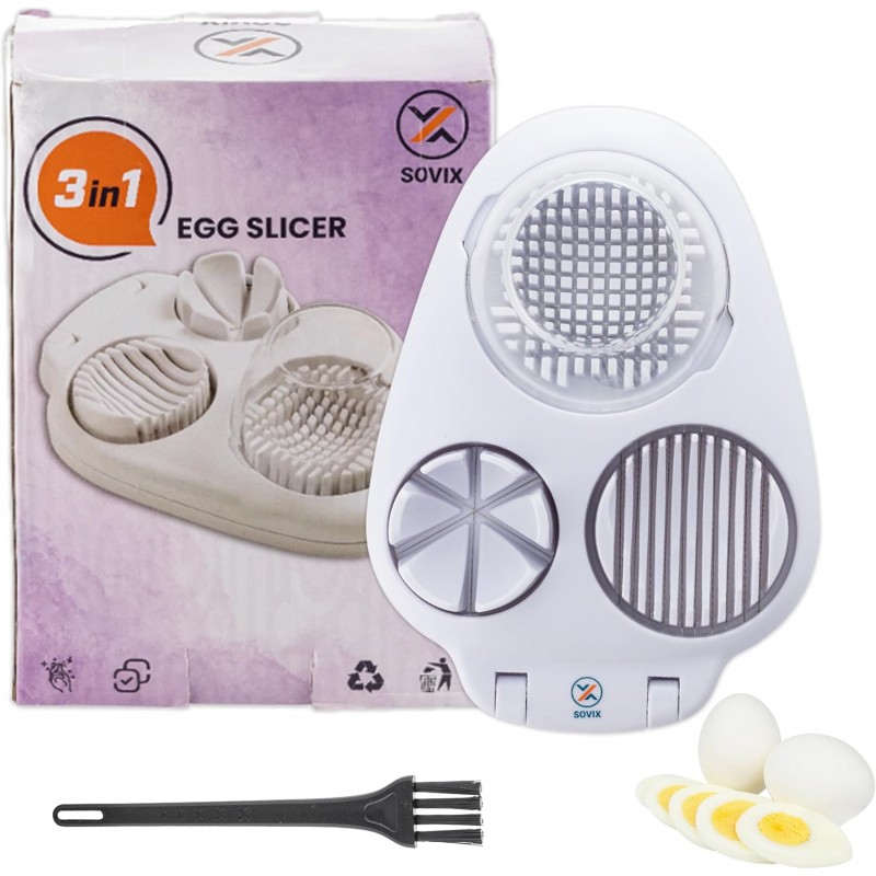 Egg Slicer for Hard Boiled Eggs – 3-in-1 Stainless Steel Egg Cutter & Hard Boiled Egg Slicer, Heavy Duty Egg Chopper with Cleaning Brush for Strawberry, Mushroom, Grape, Cherry Tomato