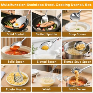 9 Pcs Cooking Utensils Set, Stainless Steel Kitchen Utensils, Heat Resistant Metal Kitchen Tools Include Solid & Slotted Spatula, Serving Spoon, Ladle, Pasta Server,Potato Maseher, Egg Whisk, Silver