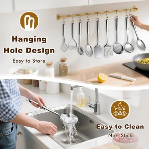 9 Pcs Cooking Utensils Set, Stainless Steel Kitchen Utensils, Heat Resistant Metal Kitchen Tools Include Solid & Slotted Spatula, Serving Spoon, Ladle, Pasta Server,Potato Maseher, Egg Whisk, Silver