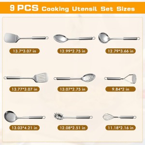 9 Pcs Cooking Utensils Set, Stainless Steel Kitchen Utensils, Heat Resistant Metal Kitchen Tools Include Solid & Slotted Spatula, Serving Spoon, Ladle, Pasta Server,Potato Maseher, Egg Whisk, Silver