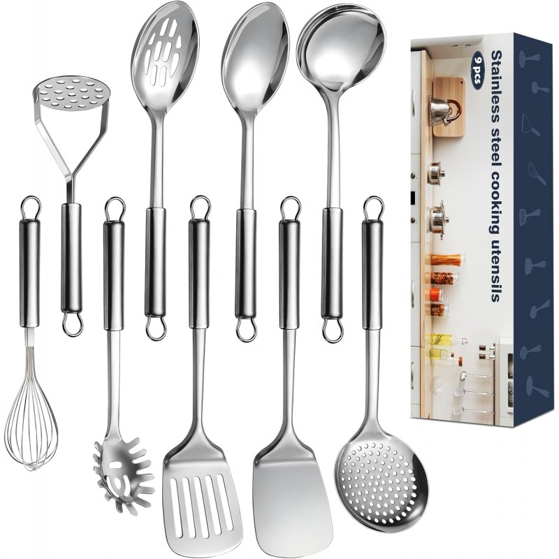9 Pcs Cooking Utensils Set, Stainless Steel Kitchen Utensils, Heat Resistant Metal Kitchen Tools Include Solid & Slotted Spatula, Serving Spoon, Ladle, Pasta Server,Potato Maseher, Egg Whisk, Silver