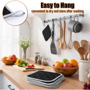 24 Pcs Cotton Hot Pads for Kitchen Heat Resistant, 7 x 7 Inch Pot Holders Bulk with Hanging Loops Square Potholders Oven Hot Pads for Kitchen Cooking Baking (Grey/Black)