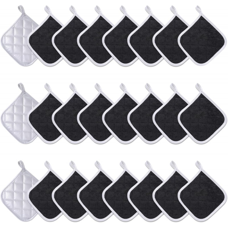 24 Pcs Cotton Hot Pads for Kitchen Heat Resistant, 7 x 7 Inch Pot Holders Bulk with Hanging Loops Square Potholders Oven Hot Pads for Kitchen Cooking Baking (Grey/Black)