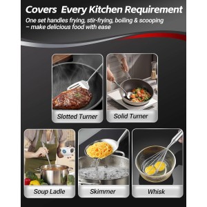 304 Stainless Steel Cooking Utensils Set - 18 PCS Long Metal Serving Utensils, Kitchen Tools - Whisk, Masher, Fork, Tongs, Solid/Slotted Spoon, Spatula, Turner, Ladle, Skimmer, Pasta, Large Spoon Set