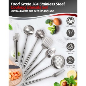 304 Stainless Steel Cooking Utensils Set - 18 PCS Long Metal Serving Utensils, Kitchen Tools - Whisk, Masher, Fork, Tongs, Solid/Slotted Spoon, Spatula, Turner, Ladle, Skimmer, Pasta, Large Spoon Set