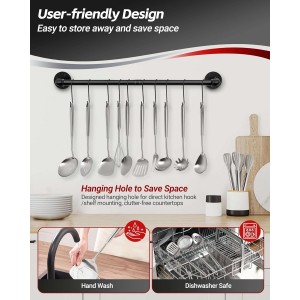 304 Stainless Steel Cooking Utensils Set - 18 PCS Long Metal Serving Utensils, Kitchen Tools - Whisk, Masher, Fork, Tongs, Solid/Slotted Spoon, Spatula, Turner, Ladle, Skimmer, Pasta, Large Spoon Set