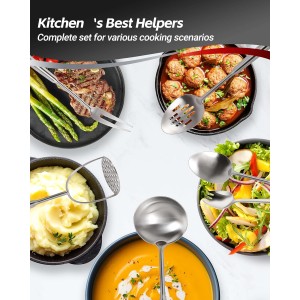 304 Stainless Steel Cooking Utensils Set - 18 PCS Long Metal Serving Utensils, Kitchen Tools - Whisk, Masher, Fork, Tongs, Solid/Slotted Spoon, Spatula, Turner, Ladle, Skimmer, Pasta, Large Spoon Set