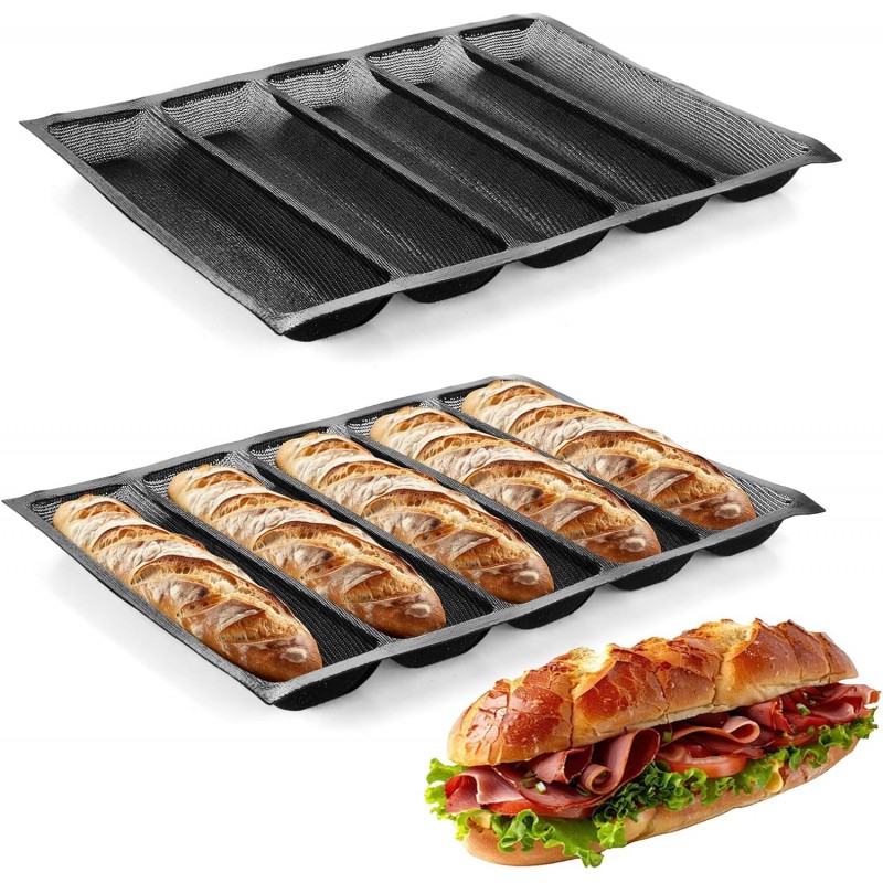 2 PACK 5-Loaf Silicone Perforated Bread Mold - Non-Stick Baguette Baking Pan for Homemade Subway-Style Sandwiches & Hoagies - Fits Standard 17x13 Half Sheet Pan