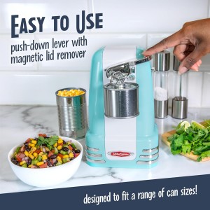 Nostalgia Retro Electric Can Opener for Kitchen with Magnetic Lid Remover, Knife Sharpener, and Soda or Beer Bottle Opener, Aqua