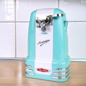 Nostalgia Retro Electric Can Opener for Kitchen with Magnetic Lid Remover, Knife Sharpener, and Soda or Beer Bottle Opener, Aqua