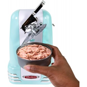 Nostalgia Retro Electric Can Opener for Kitchen with Magnetic Lid Remover, Knife Sharpener, and Soda or Beer Bottle Opener, Aqua