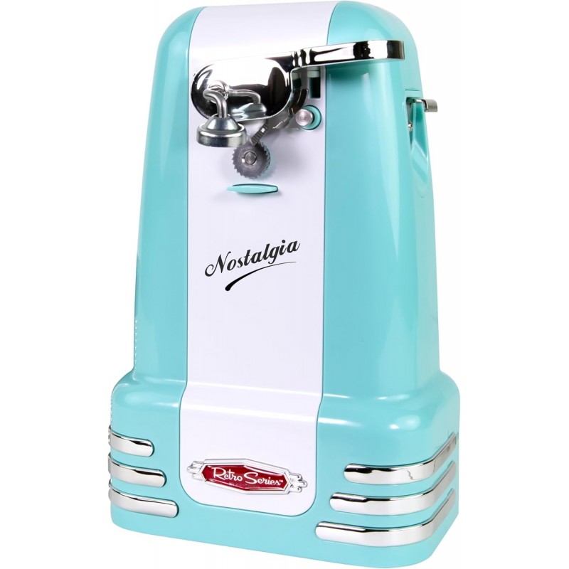Nostalgia Retro Electric Can Opener for Kitchen with Magnetic Lid Remover, Knife Sharpener, and Soda or Beer Bottle Opener, Aqua
