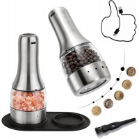 Electric Salt and Pepper Grinder Mill Set, 90ml Rechargeable Automatic Salt and Pepper Shakers with Dusty Tray, LED Lights, 5 Adjustable Coarseness for Kitchen, Outdoor Birthday Gifts for Women Mom