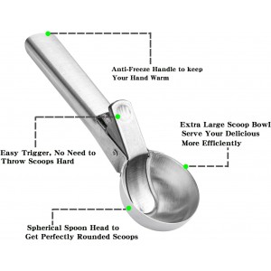Large Ice cream scoop, a portable stainless steel ice cream scoop with trigger device and comfortable handle, suitable for DIY mixed ice cream, fruits, frozen yogurt, etc. (1pcs Large silvery)