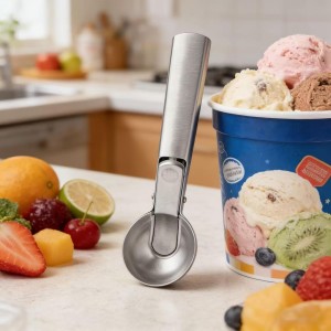 Large Ice cream scoop, a portable stainless steel ice cream scoop with trigger device and comfortable handle, suitable for DIY mixed ice cream, fruits, frozen yogurt, etc. (1pcs Large silvery)