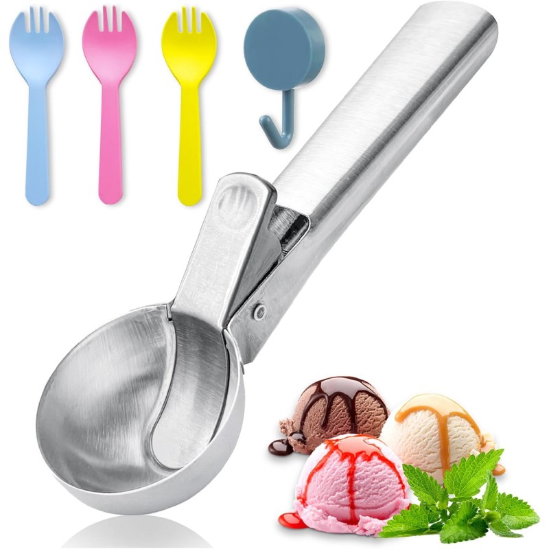 Large Ice cream scoop, a portable stainless steel ice cream scoop with trigger device and comfortable handle, suitable for DIY mixed ice cream, fruits, frozen yogurt, etc. (1pcs Large silvery)