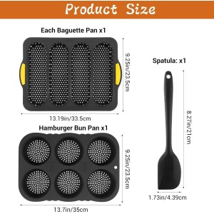 3 Pcs Silicone Baking Pan Set, 4 Non-Stick Baguette Pan and 6 Hamburger Bun Mold with Scraper for French Bread, Sandwich Rolls and Homemade Loaves