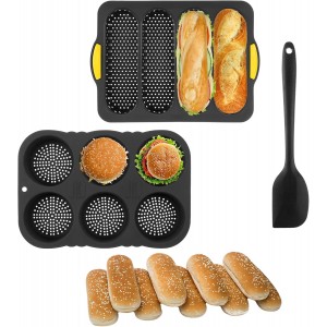 3 Pcs Silicone Baking Pan Set, 4 Non-Stick Baguette Pan and 6 Hamburger Bun Mold with Scraper for French Bread, Sandwich Rolls and Homemade Loaves