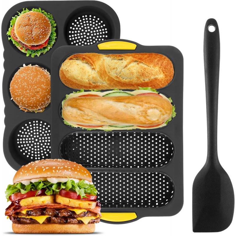 3 Pcs Silicone Baking Pan Set, 4 Non-Stick Baguette Pan and 6 Hamburger Bun Mold with Scraper for French Bread, Sandwich Rolls and Homemade Loaves