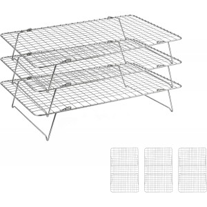 Cooling Rack, 3 Tier Stackable Cooling Racks for Cooking Baking Roasting, Multi-Level Collapsible Cookie Rack for Cakes, Oven Safe & Easy Clean (Silver, 3-Tier)