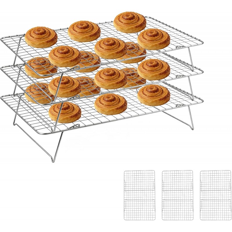 Cooling Rack, 3 Tier Stackable Cooling Racks for Cooking Baking Roasting, Multi-Level Collapsible Cookie Rack for Cakes, Oven Safe & Easy Clean (Silver, 3-Tier)