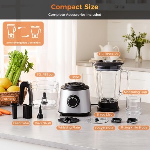 Sweetcrispy Food Processor Blender Combo for Vegetable, Dough, Electric Food Processors Slicing, 6 Cup Chopper for Meat, Puree, 2 Speeds, Sharp Blades, Safety Lock with 1.5L Glass Jar