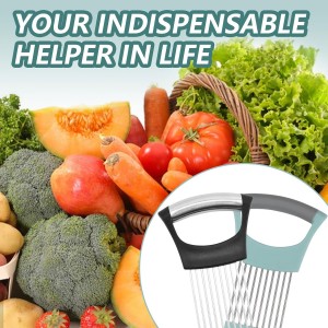 2 PCS Onion Holder for Slicing, Stainless Steel Vegetable Fruit Cutter Chopper, Multi-use Kitchen Slicer Assistant Tool for Onion Tomato Avocado Potato Egg Lemon Meat, Blue & Black