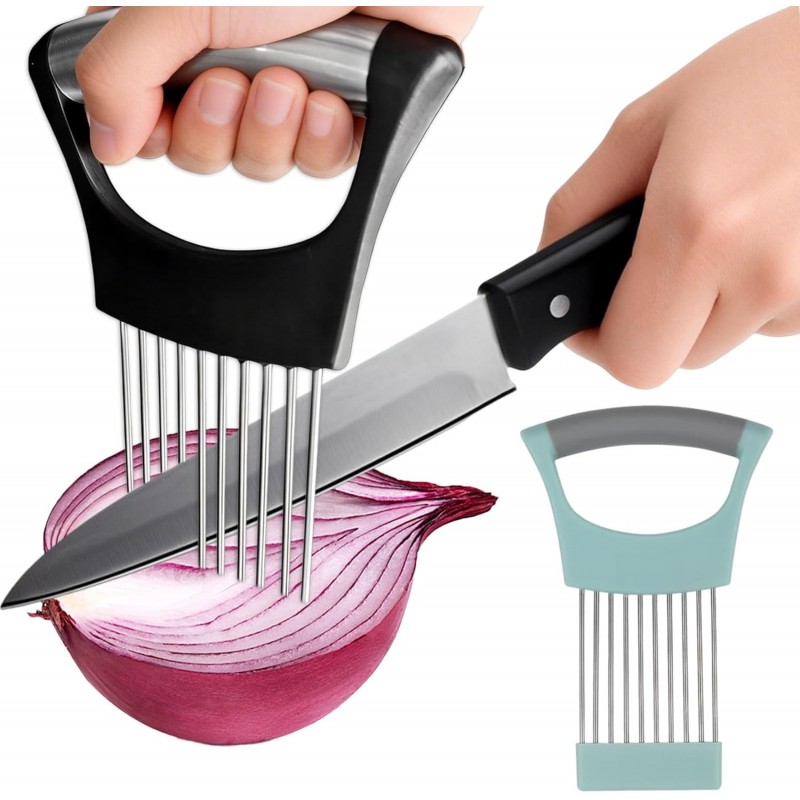 2 PCS Onion Holder for Slicing, Stainless Steel Vegetable Fruit Cutter Chopper, Multi-use Kitchen Slicer Assistant Tool for Onion Tomato Avocado Potato Egg Lemon Meat, Blue & Black