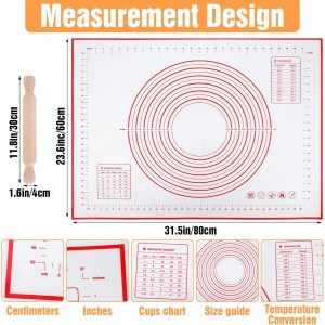 Silicone Baking Mat, 31x23 inch Large Pastry Mat with Wooden Rolling Pin, Non Stick Pastry Mat for Baking Dough Pizza Pie Pastries Pasta and Cookies, Reusable Rolling Out Dough Counter Mat
