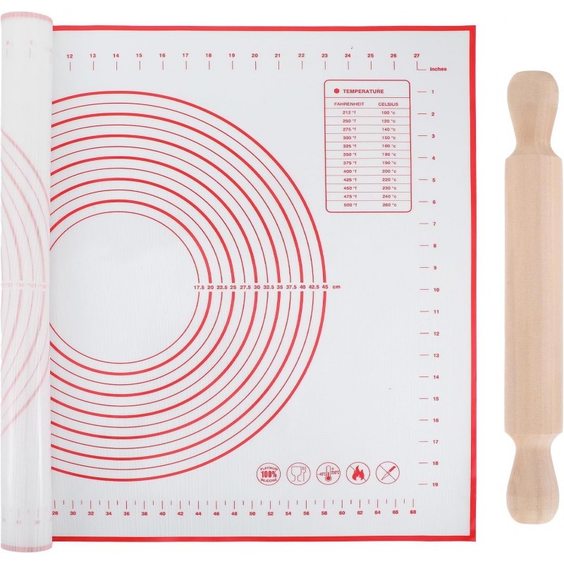 Silicone Baking Mat, 31x23 inch Large Pastry Mat with Wooden Rolling Pin, Non Stick Pastry Mat for Baking Dough Pizza Pie Pastries Pasta and Cookies, Reusable Rolling Out Dough Counter Mat