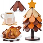 Wooden Trivets for Hot Dishes, Tree Shaped Trivet Set of 5 with 1 Stand, Foldable Kitchen Wooden Trivets for Pots, Bowls, Teapots, Pans, Cups, Home Room Kitchen Decor, Housewarming Gifts
