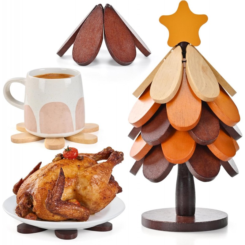 Wooden Trivets for Hot Dishes, Tree Shaped Trivet Set of 5 with 1 Stand, Foldable Kitchen Wooden Trivets for Pots, Bowls, Teapots, Pans, Cups, Home Room Kitchen Decor, Housewarming Gifts