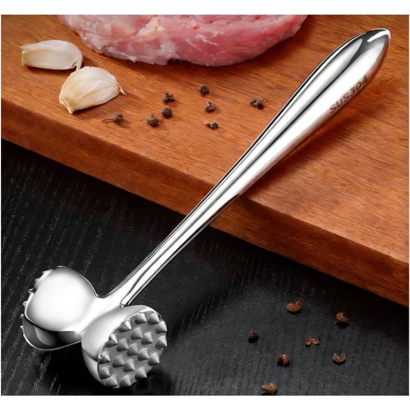 304 Stainless Steel Meat Tenderizer Mallet Dual Side Meat Hammer Chicken Pounder Heavy Duty Meat Beater for Steak and Beef Meat Pounder Kitchen Cooking Mallet Dishwasher Safe