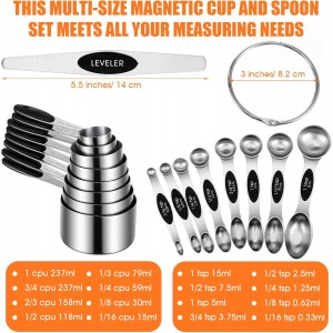 17PCS Measuring Cups and Magnetic Spoons Set, 8 Measure Cups with Silicone Handle, 8 Double Sided Measure Spoons and 1 Leveler, Stackable Stainless Steel Kitchen Gadgets for Cooking & Baking