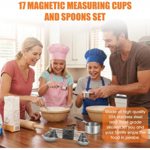 17PCS Measuring Cups and Magnetic Spoons Set, 8 Measure Cups with Silicone Handle, 8 Double Sided Measure Spoons and 1 Leveler, Stackable Stainless Steel Kitchen Gadgets for Cooking & Baking