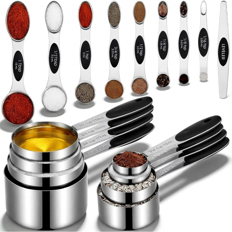 17PCS Measuring Cups and Magnetic Spoons Set, 8 Measure Cups with Silicone Handle, 8 Double Sided Measure Spoons and 1 Leveler, Stackable Stainless Steel Kitchen Gadgets for Cooking & Baking