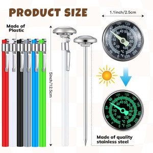 Xuhal 6 Pcs Stainless Steel Kitchen Glow Thermometer with 5 Inch Long Stem 1 Inch Dial Thermometer Milk Frothing Food for Oven Probe Meat Grill Cooking BBQ Chocolate Water (Colorful)