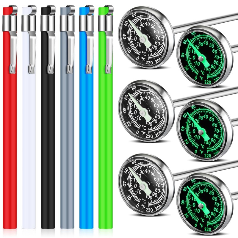 Xuhal 6 Pcs Stainless Steel Kitchen Glow Thermometer with 5 Inch Long Stem 1 Inch Dial Thermometer Milk Frothing Food for Oven Probe Meat Grill Cooking BBQ Chocolate Water (Colorful)
