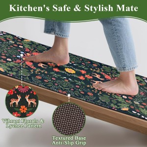 Yinhua Green Kitchen Rugs Sets of 2 Floral Kitchen Mats Cushioned Anti Fatigue Botanical Kitchen Mat for Floor Waterproof Non Slip Vintage Spring Kitchen Floor Mats 17.3'' x 29.5'' + 17.3'' x 47.2''