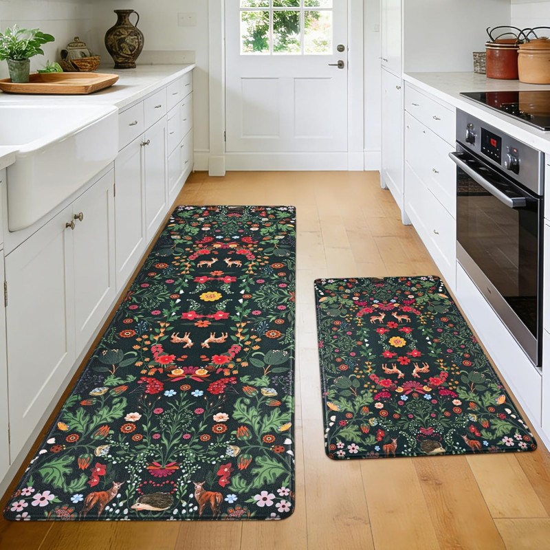 Yinhua Green Kitchen Rugs Sets of 2 Floral Kitchen Mats Cushioned Anti Fatigue Botanical Kitchen Mat for Floor Waterproof Non Slip Vintage Spring Kitchen Floor Mats 17.3'' x 29.5'' + 17.3'' x 47.2''
