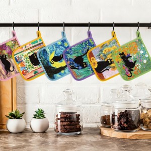 Whaline 12 Pcs Art Print Pot Holders Heat Resistant Non-Slip Potholders Famous Painting with Black Cat Hot Pads for Cooking Baking