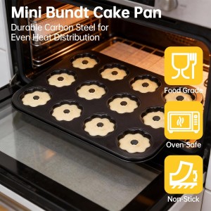 2 Pack Mini Bundt Cake Pan, 12 Cavity Mini Fluted Tube Cake Pans, Non-Stick Black Carbon Steel Baking Pan, Easy Release Bakeware for Oven Use, Ideal for Home Baking, Parties and Holidays