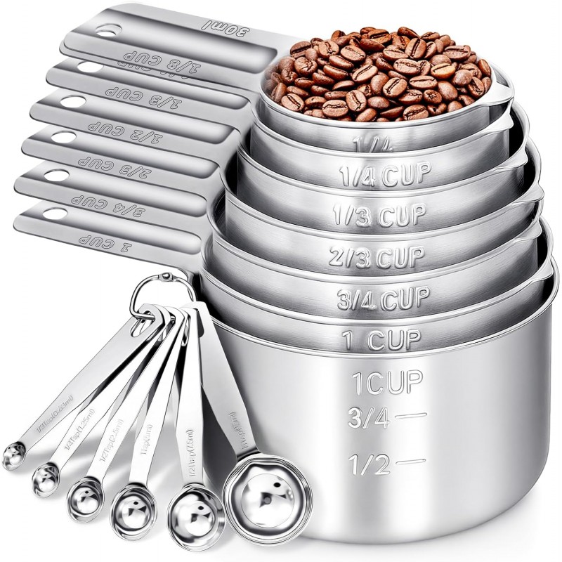 Measuring Cups and Spoons Set of 13, 7 Stainless Steel Nesting Cups and 6 Measuring Spoons, 2 Detachable Rings, Kitchen Gadgets for Baking Cooking, Dry and Liquid Ingredients
