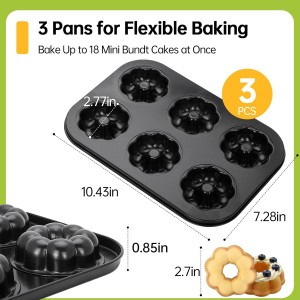 3 Pack Mini Bundt Cake Pan - Mini Fluted Tube Cake Molds, 6 Cavity Durable Carbon Steel Baking Pan, Non-Stick and Easy to Release, Evenly Shaped Cakes, Perfect for Home Baking and Party
