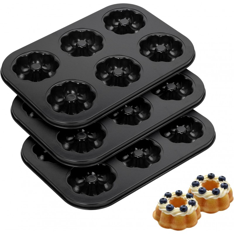 3 Pack Mini Bundt Cake Pan - Mini Fluted Tube Cake Molds, 6 Cavity Durable Carbon Steel Baking Pan, Non-Stick and Easy to Release, Evenly Shaped Cakes, Perfect for Home Baking and Party
