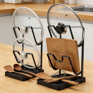 Stainless Steel Kitchen Pot Lid Storage Rack, Pot Lid Holder While Cooking, Multifunctional Pot Lid Organizer with Removable Drip Tray & Spoon Rest, Waterproof & Rustproof (Grey, 2Pack)