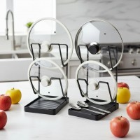 Stainless Steel Kitchen Pot Lid Storage Rack, Pot Lid Holder While Cooking, Multifunctional Pot Lid Organizer with Removable Drip Tray & Spoon Rest, Waterproof & Rustproof (Grey, 2Pack)