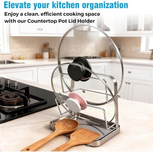 304 Stainless Steel Pot Lid Organizer & Spoon Rest, Pot Lid Holder Storage Rack for Kitchen Countertop, Multifunctional Stove Top Pot Cover Stand While Cooking